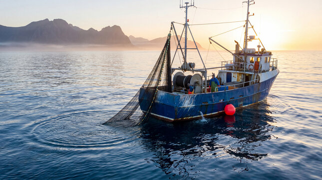 Commercial fishing boat actively trawling at dawn on the open sea, surrounded by misty, majestic mountains