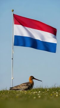 Black-tailed godwit national bird of the country sitting under waving dutch flag