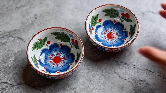 Two hand-painted Japanese ceramic bowls with vibrant blue floral motifs, green leaves, and red accents on white porcelain, placed on gray stone surface &mdash; traditional tableware design