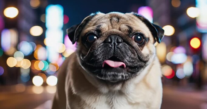 A joyful pug dog stands in a vibrant city street at night, illuminated by colorful lights