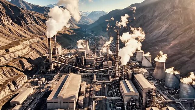 A large industrial complex situated in a mountainous valley with smokestacks emitting steam
