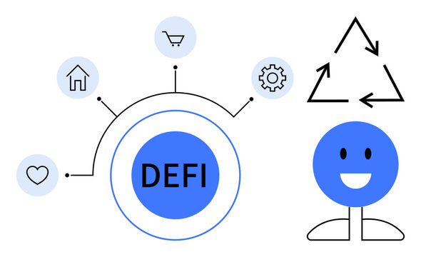 Decentralized finance, sustainability, fintech, technology integration, cryptocurrency, economic systems. Circular DeFi hub with icons including home, cart gear and recycling symbol. Decentralized