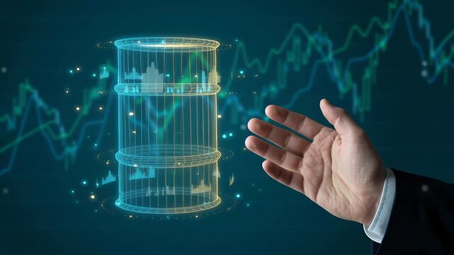 Hand points digital oil barrel symbolizing international commodity energy stock market with fluctuating gas and oil prices background creating dynamic financial scene and hologram touched by hand