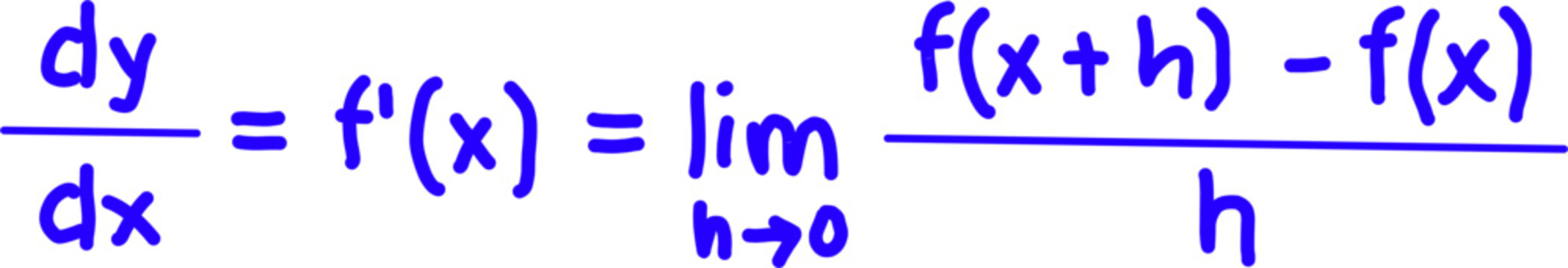 Close-up of derivative formula showing dy/dx definition with limit notation. Blue mathematical equation isolated, symbolizing calculus, analysis, and education.