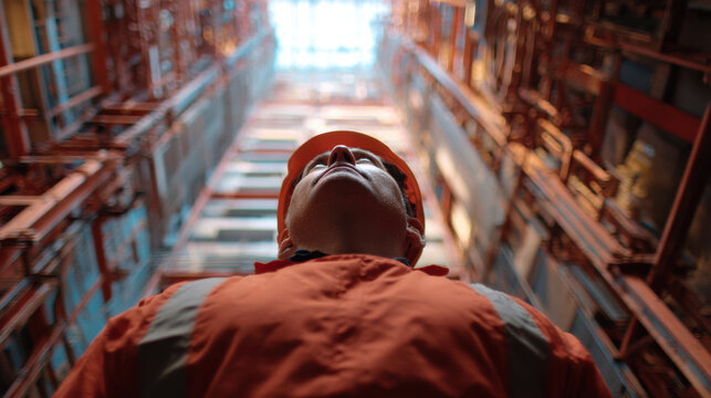 Construction worker safety gear hard hat high rise elevator shaft engineering architecture structure steel industrial construction worker male adult uniform orange reflective jacket safety