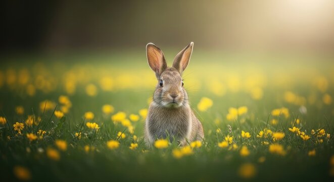 Rabbit sitting in field of yellow flowers hare bunny