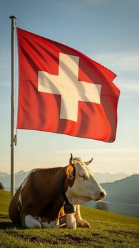 Swiss Simmental Cow Resting in Alpine Pasture Under National Flag