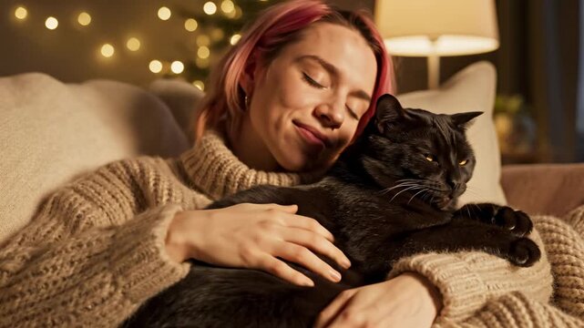 Woman snuggling with black cat on couch.