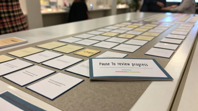 Organized workspace showcasing notes and cards for project review and progress evaluation in a collaborative setting