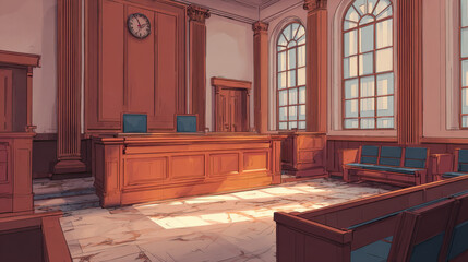 Fototapeta premium Courtroom law justice trial judge jury legal interior architecture government courtroom interior glows with warm sunlight across marble floor and wooden bench during quiet legal session