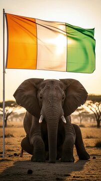 African Elephant with Ivorian Flag in Natural Habitat - Majestic Cultural Symbol of Ivory Coast
