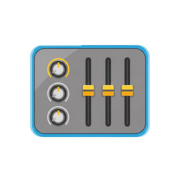 A gray audio mixer board with knobs and sliders isolated on transparent background