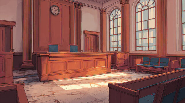 Courtroom law justice trial judge jury legal interior architecture government courtroom interior glows with warm sunlight across marble floor and wooden bench during quiet legal session