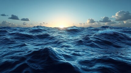 Obraz premium Deep Blue Ocean Waves Reflecting Golden Sunrise Sky with Wispy Clouds Over Calm Sea