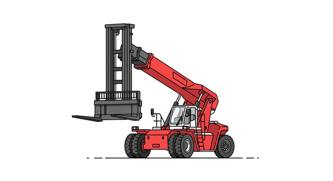 Red telescopic handler machine with extended arm for construction work.