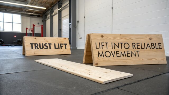 Instructional wooden signs promoting safe lifting and movement in a fitness environment for gym enthusiasts and trainers