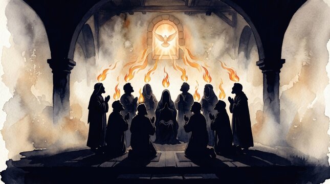 Pentecost Sunday Biblical Scene Holy Spirit Descends on Apostles in Upper Room Artwork