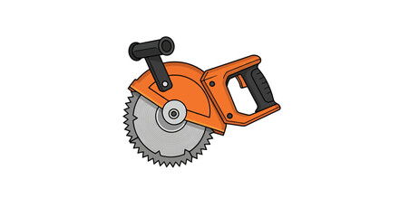 Fototapeta premium Orange circular saw with a black handle and a silver blade, isolated on white.