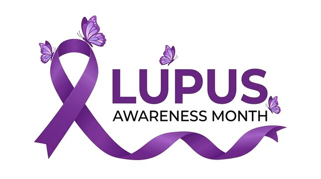 Lupus awareness month purple ribbon with butterflies conveys support and hope for autoimmune disease research and patient care advocacy.