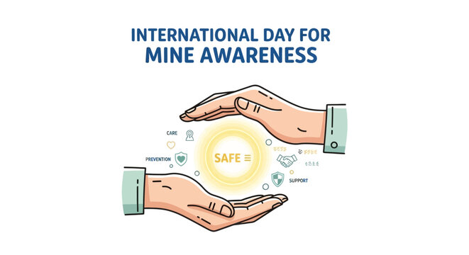 Illustration of two hands cradling a glowing yellow circle with 'SAFE' text, surrounded by icons, for International Day for Mine Awareness and education on mine risk and humanitarian
