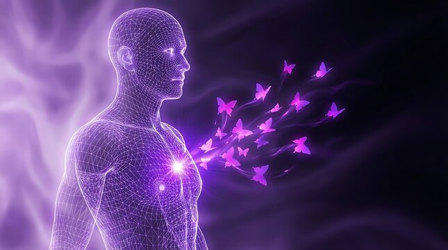 Purple ethereal wireframe man with glowing heart and butterflies erupting from chest, concept of inner peace, transformation and emotional release.