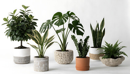 Fototapeta premium Minimalist indoor plant arrangement in white pots on neutral background