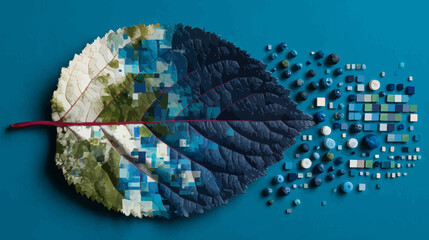 Fototapeta premium A stylized image of a leaf morphing into geometric shapes and small spheres