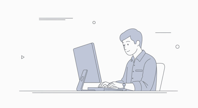 Man Typing on Computer Keyboard, Minimalist Line Art Illustration, Office Work Concept