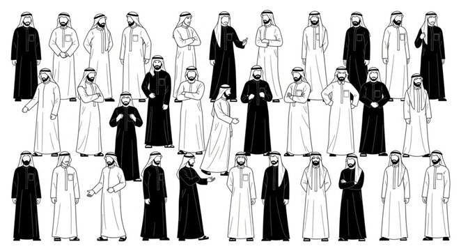 Group of Arab men in traditional attire, standing together.