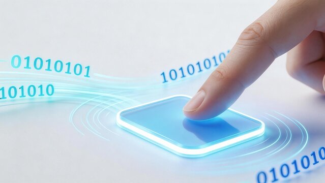 Finger pressing digital button with binary code