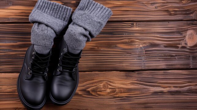 Stylish black boots with cozy grey knitted socks on wooden background for fashion and lifestyle themes