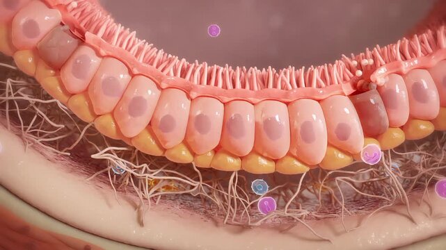 Asthma inflammatory response, eosinophils cross the airway cross section and release inflammatory factors, exacerbating the occurrence of asthma. Airway inflammation triggers asthma. 3D animation.