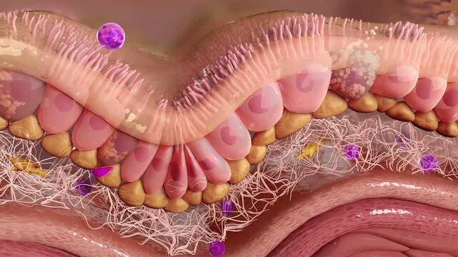 Asthma inflammatory response, eosinophils cross the airway cross section and release inflammatory factors, exacerbating the occurrence of asthma. Airway inflammation triggers asthma. 3D rendering.