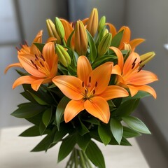Fototapeta premium Elegant Orange Lilies in a Simple Glass Vase