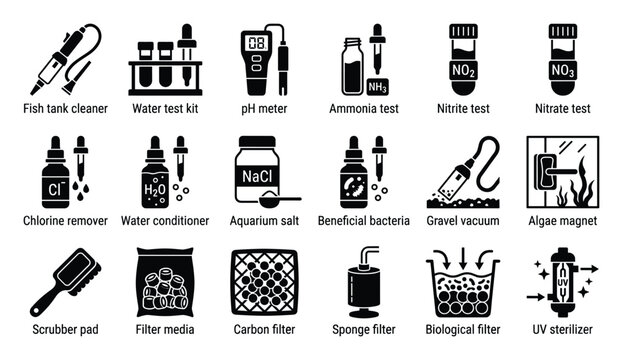 Comprehensive collection of aquarium maintenance and water testing tools for fishkeeping enthusiasts and pet store promotions covering essential fish tank care