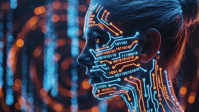 Futuristic AI Human Interface featuring a woman profile with glowing blue and orange circuit patterns and binary data for cybersecurity concepts and artificial intelligence documentaries.