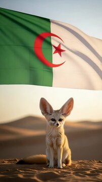 National animal fennec fox in the sandy desert with a country flag for national celebration