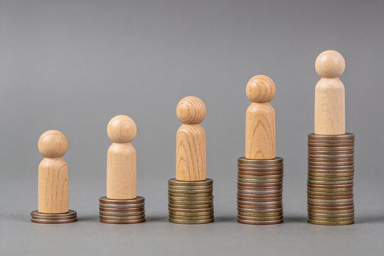 Wooden figures on stacked coins