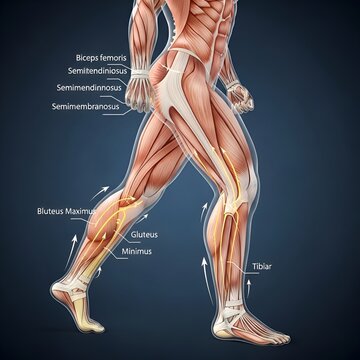 Detailed Human Leg Anatomy with Muscle and Bone Structure Diagram.