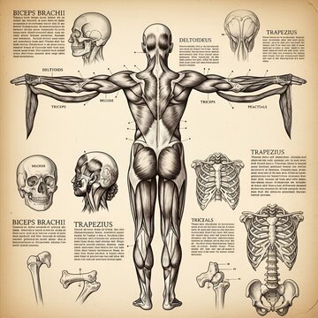 Detailed Human Anatomy Chart Showing Muscular System and Skeletal Structure.