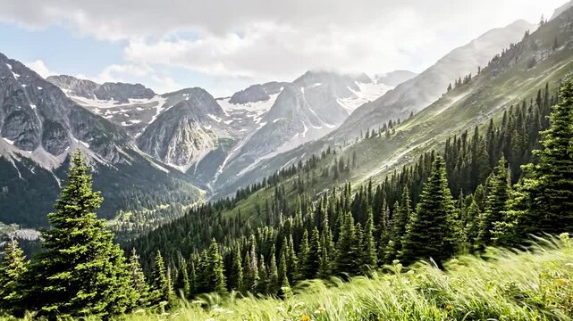 A serene mountain landscape with lush greenery and snow-capped peaks under cloudy skies