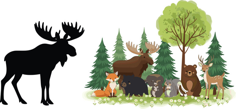 Forest Wildlife Vector Set with Cartoon and Silhouette Illustrations of Moose, Fox, Bear, Deer, Wolf, and Trees for Nature, Education, Kids, and Digital Design Projects