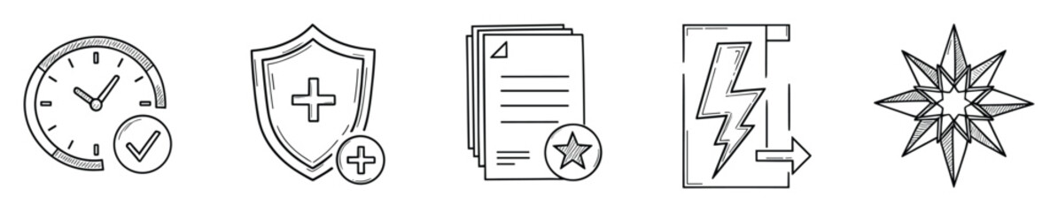 Obraz premium Hand drawn doodle line icons representing time completion, health security, important documents, energy power, and strategic direction, excellent for business concept visual aids and