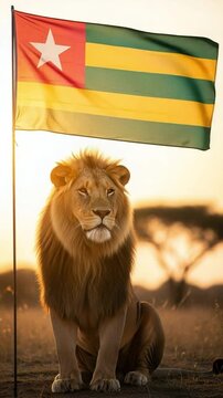 Powerful male lion sitting proudly under the national flag of Togo in a savanna landscape at sunset