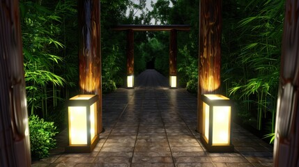 Naklejka premium Tranquil Bamboo Pathway at Night with Illuminated Lanterns and Lush Green Foliage Surrounding the Scenic Walkway