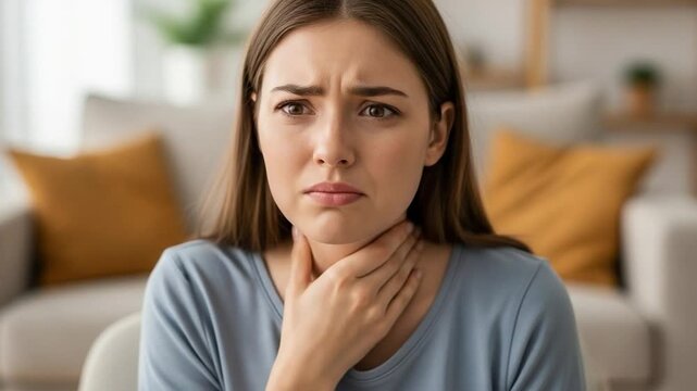 Young Caucasian woman suffering from globus sensation feeling a lump in her throat at home