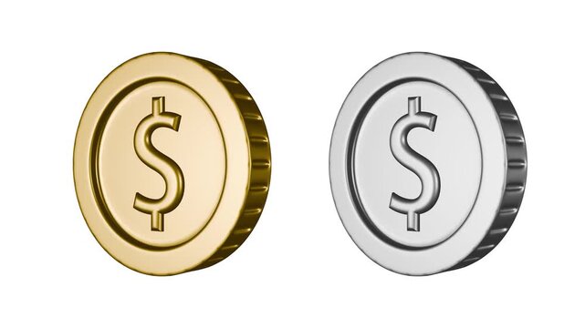 回転するドルの金貨と銀貨の3DCGアニメーション。メタリックなシルバーの質感のコインが輝く動画素材