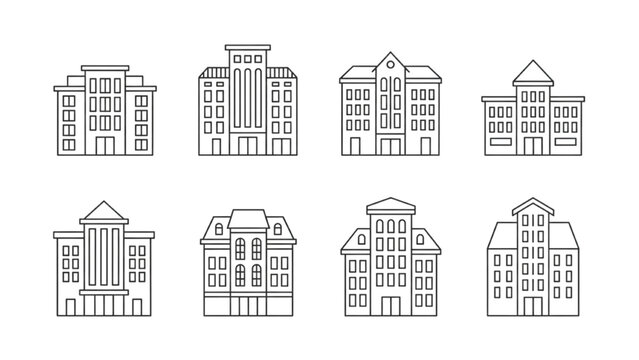 Collection of Outline Icons Representing Different Buildings