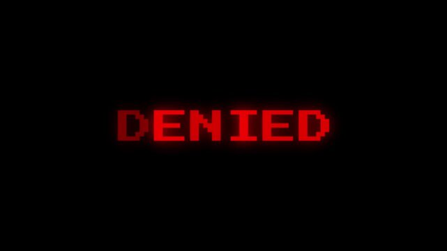 Retro style pixel Denied message in bold red color on a dark background, perfect for gaming interfaces, error alerts, system warnings, and digital UI motion graphics.