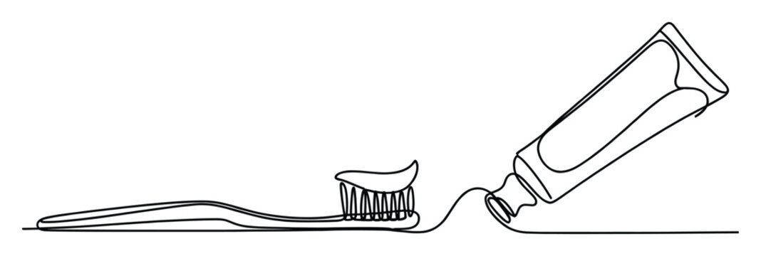 Continuous one line drawing portraying a modern toothbrush with toothpaste being squeezed directly from its tube, perfect for dental hygiene awareness campaigns, oral health product